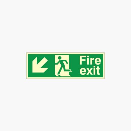 Arrow Down Left Fire Exit Photoluminescent Sign 400mm x 150mm
